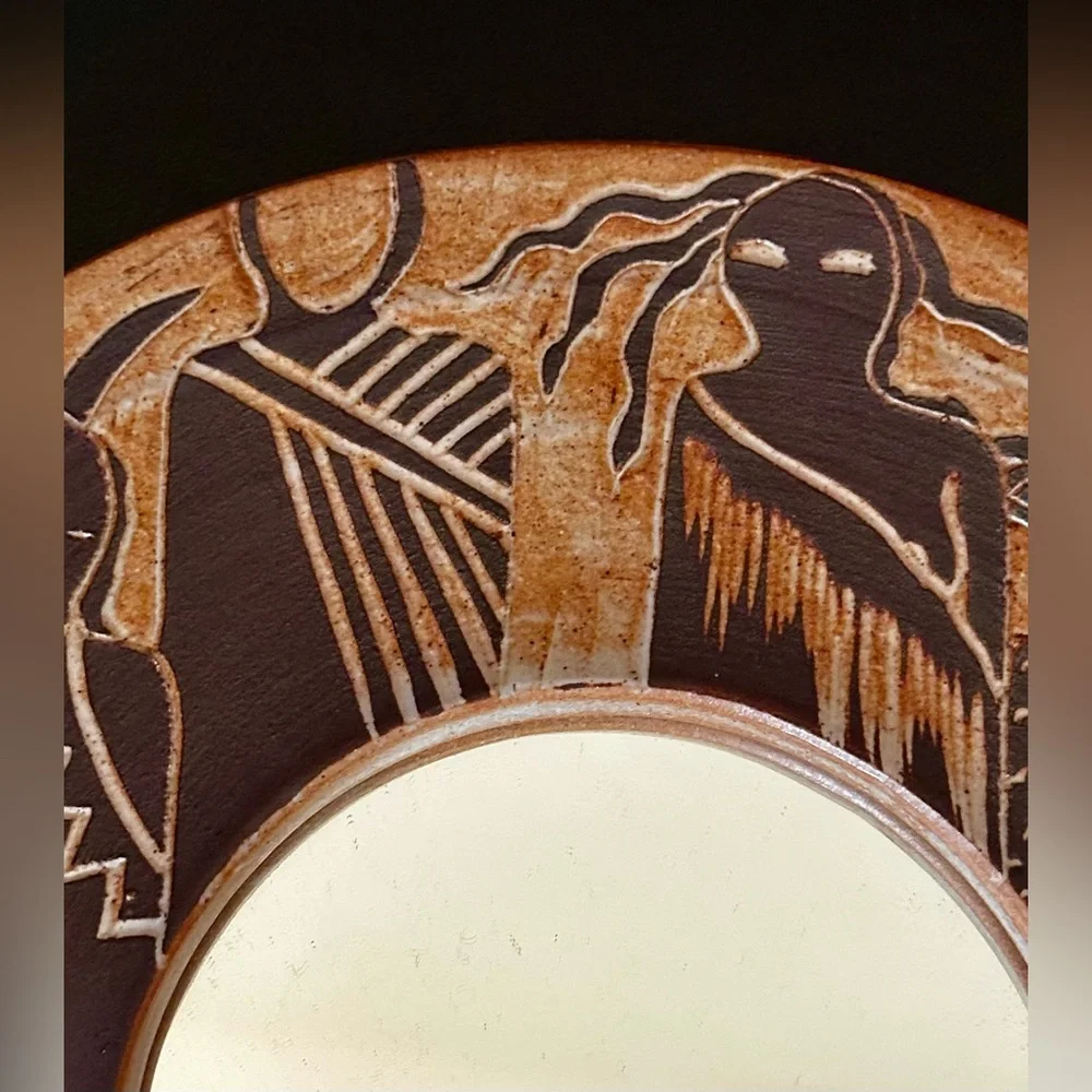 Signed 1998 Unique Southwest Studio Pottery Wall Mirror. Tribal Desert Decor
